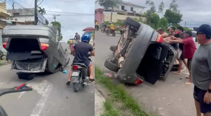 Vizinhos socorrem motorista e ajudam a desvirar veículo em Tefé