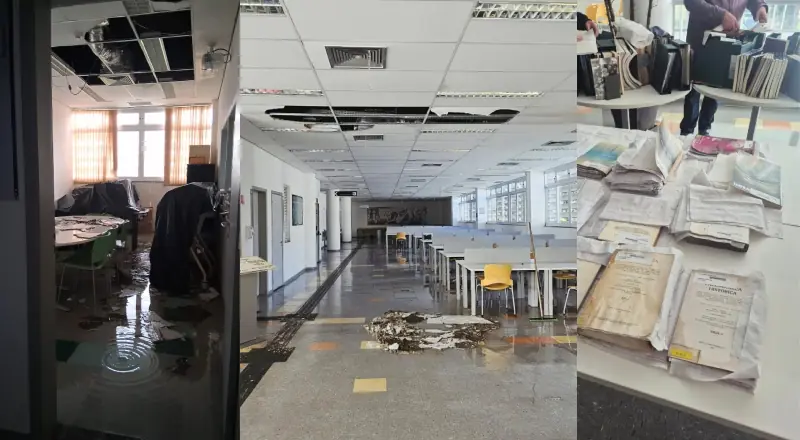 Após teto desabar, funcionários salvam acervo da biblioteca
