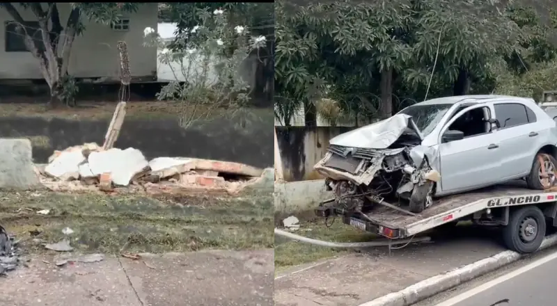 Carro destrói muro do Exército e provoca caos no trânsito