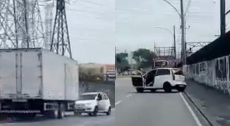 Briga de trânsito termina com carro arrastado por caminhão em São Paulo